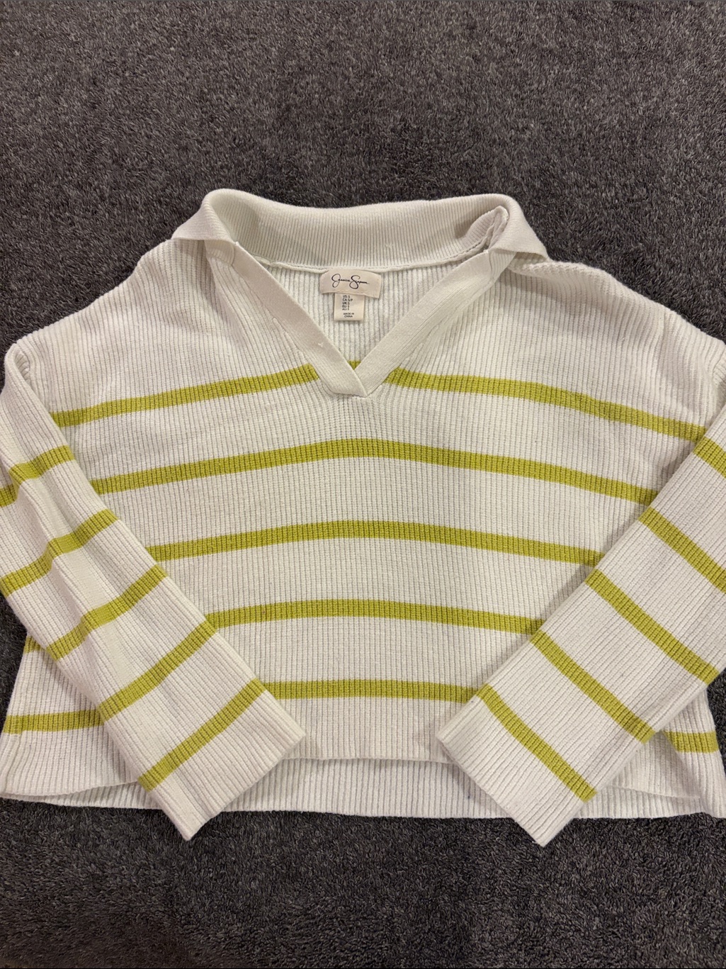 Jessica Simpson White V-Neck Sweater With Lime Stripes